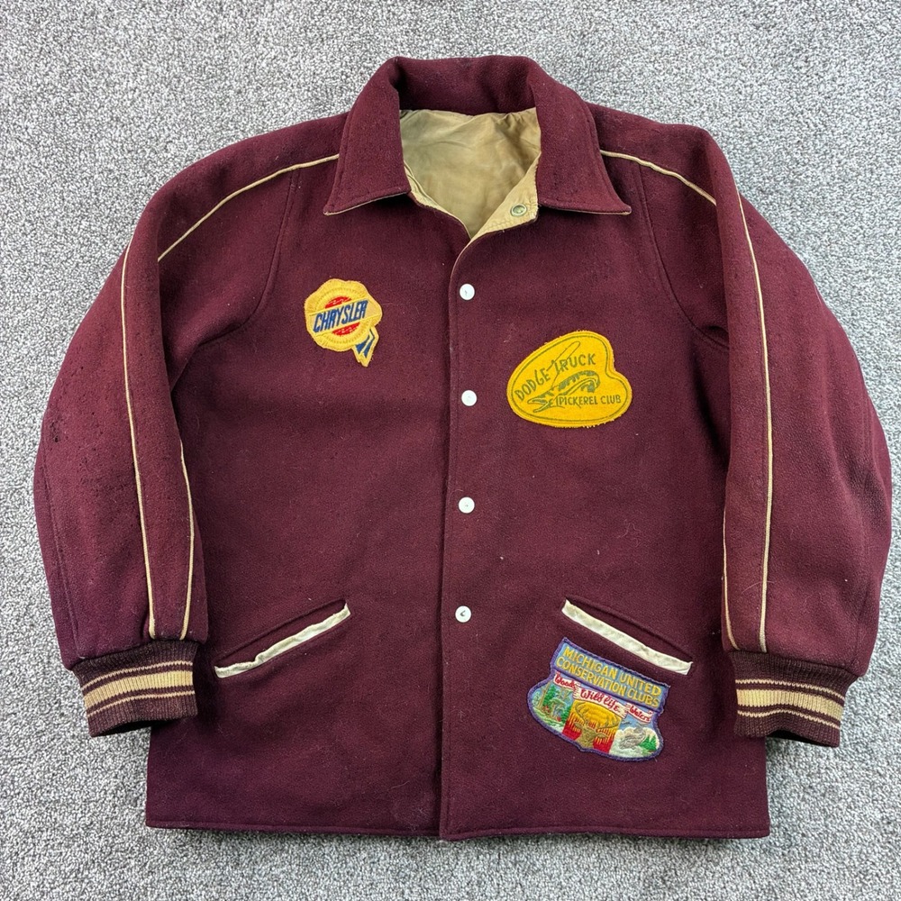 Vintage 60s Wool Varsity Jacket Mens Large Burgundy Chrysler Dodge Truck Patch